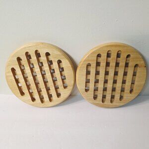 Vtg 2 MCM Teak Wood Round Waffle Lattice Trivet Hot Plates 8" Diameter